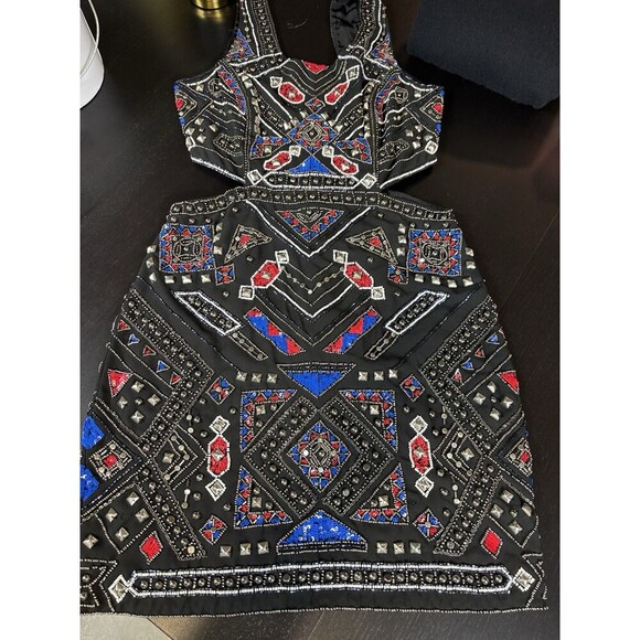 Parker Covina Beaded Mini Dress Black Red Blue XS Cut Out Sleeveless Back Zip - Picture 11 of 15